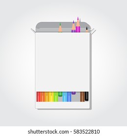 Blank box with colorful pencils. Rectangle cut and opened package of colored pancils.