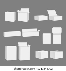 Blank boxes. Open closed cardboard white gift packages storage mockup vector realistic template isolated