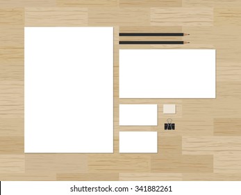 Blank branding mockup for CI presentation on wooden background. Vector illustration.