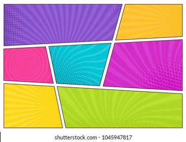 Blank bright colored background templates, decorative backdrops with dotted texture or boxes with dots and rays for comic strip or cartoon story. Modern vector illustration in pop art style.