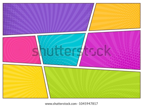 Blank bright colored background templates,
decorative backdrops with dotted texture or boxes with dots and
rays for comic strip or cartoon story. Modern vector illustration
in pop art style.