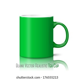 Blank bright green photo realistic cup isolated on white with reflection, for branding and your design. Vector