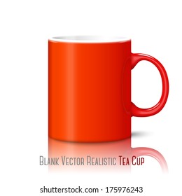 Blank bright red photo realistic cup isolated on white background with reflection, for branding and your design. Vector