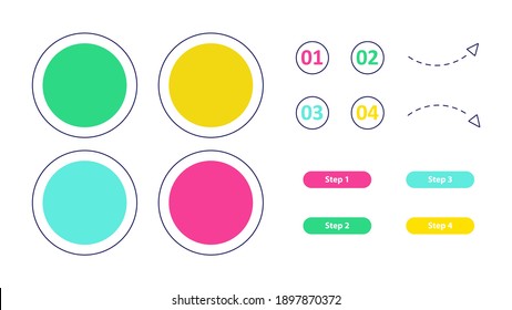 Blank bright vector infographic elements set. Flowchart presentation template design. Data visualization with 4 steps. Process timeline chart collection. Icons pack for info workflow layout