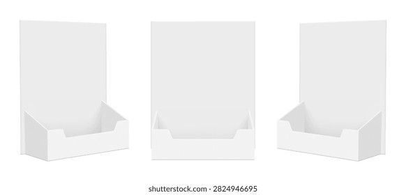Blank brochure holders mockups with front and side views for branding. Vector illustration