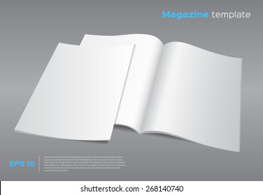 Blank brochure mockup template. Opened magazine with cover. Realistic vector EPS10 illustration. Gray background.