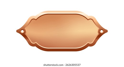 Blank bronze nameplate plaque with decorative edges and screw holes. Metallic label for engraving, signage, awards, door signs. Realistic vector illustration.