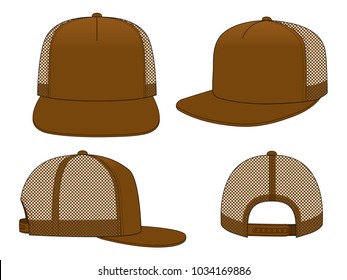 Blank Brown 5-Panels Hip Hop Cap with Mesh Back, Adjustable Snap Back Closure Template on White Background, Vector File.