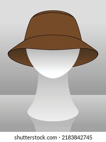 Blank Brown Bucket Hat Template On Mannequin Head, Vector File.