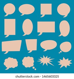 blank brown cartoon speech bubbles set with various shape isolated on blue background. vector illustration