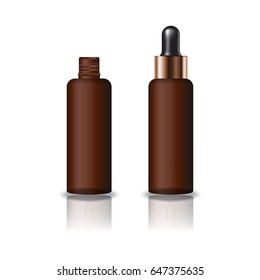 Blank brown clear cosmetic round bottle with dropper lid for beauty product packaging. Isolated on white background with reflection shadow. Ready to use for package design. Vector illustration.