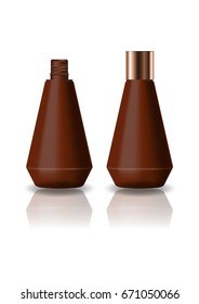 Blank brown cone shape cosmetic bottle with screw lid for beauty or healthy product. Isolated on white background with reflection shadow. Ready to use for package design. Vector illustration.