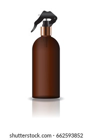 Blank brown cosmetic round bottle with spray head for beauty or healthy product. Isolated on white background with reflection shadow. Ready to use for package design. Vector illustration.