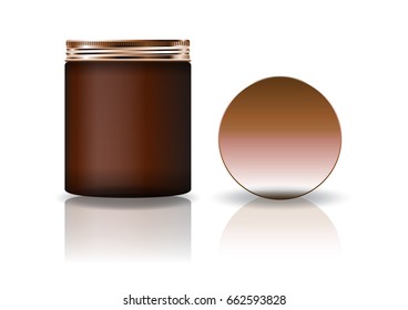 Blank brown cosmetic round jar with copper lid in high size for beauty or healthy product. Isolated on white background with reflection shadow. Ready to use for package design. Vector illustration.