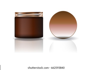 Blank brown cosmetic round jar with lid in medium high size for beauty or healthy product. Isolated on white background with reflection shadow. Ready to use for package design. Vector illustration.