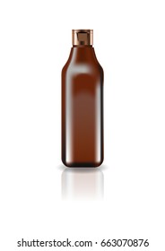 Blank brown cosmetic square bottle with cap lid for beauty or healthy product. Isolated on white background with reflection shadow. Ready to use for package design. Vector illustration.