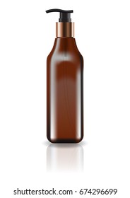 Blank brown cosmetic square bottle with pump head for beauty or healthy product. Isolated on white background with reflection shadow. Ready to use for package design. Vector illustration.