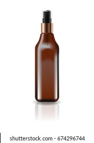 Blank brown cosmetic square bottle with pressed spray head for beauty or healthy product. Isolated on white background with reflection shadow. Ready to use for package design. Vector illustration.