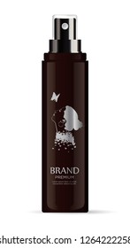 Blank brown cosmetic tube bottle with spray head for beauty or healthy product. 
Isolated on white background with reflection shadow. With a ready-made brand with a head of a girl. 