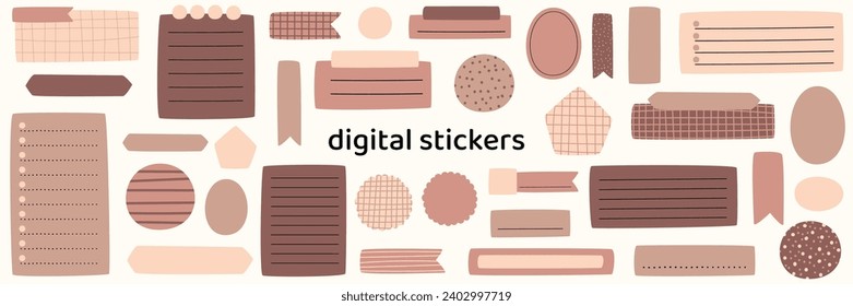 Blank brown digital stickers. Digital note papers and stickers for bullet journaling or planning. Digital planner stickers. Vector art.