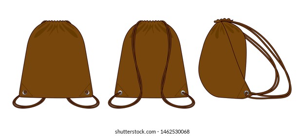 Blank Brown Drawstring Shoulder Bag Template Vector On White Background.Front Back and Side View.