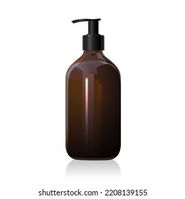 Blank Brown Glass Bottle Mockup With Pump Isolated On White Background. Dark Amber Glass Package. Realistic Shampoo Or Soap Dispenser. 3d Vector Healthcare Mockup Template.