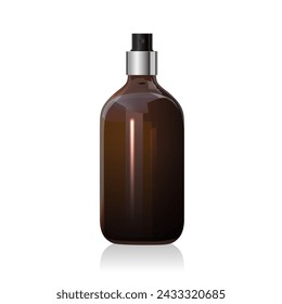 Blank brown glass bottle mockup with open silver spray isolated on white background. Dark amber glass package. Spray dispenser. 3d vector healthcare mockup template. Packaging for beauty product