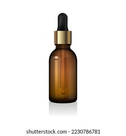 Blank brown glass dropper bottle mockup with isolated on white background. Dark amber glass package. Serum dispenser. 3d vector mockup template. Dropper for skincare products, natural cosmetic