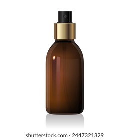 Blank brown glass round bottle mockup with gold spray dispenser isolated on white background. Dark amber glass packaging. 3d vector cosmetic mockup template. Packaging for beauty product