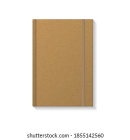 Blank brown kraft paper book or notebook with brown elastic mockup template. Isolated on white background with shadow. Ready to use for your design or business. Vector illustration.