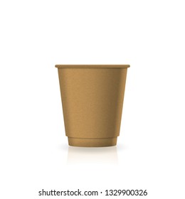 Blank brown kraft paper coffee-tea cup in small size mockup template. Isolated on white background with reflection shadow. Ready to use for brand design. Vector illustration.