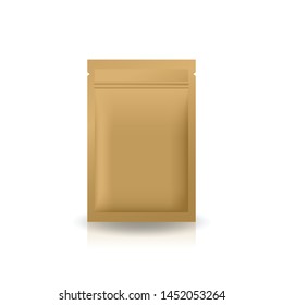 Blank brown kraft paper flat foil zip bag for food, healthy or beauty product. Isolated on white background with shadow. Ready to use for package design. Vector illustration.