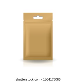 Blank brown kraft paper flat foil or plastic zip bag with hang hole for food, healthy or beauty product. Isolated on white background with shadow. Ready to use for package design. Vector illustration.