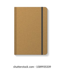 Blank brown kraft paper notebook with black elastic mockup template. Isolated on white background with shadow. Ready to use for your design or business. Vector illustration.