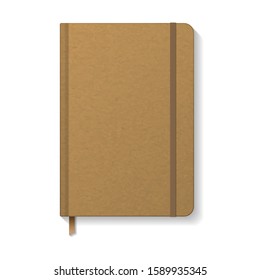 Blank brown kraft paper notebook with brown elastic and ribbon bookmark mockup template. Isolated on white background with shadow. Ready to use for your design or business. Vector illustration.