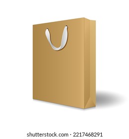 Blank brown kraft paper shopping bag or gift bag with ribbon handles mockup template. Isolated on white background with shadow. Ready to use for branding design. Realistic vector illustration.