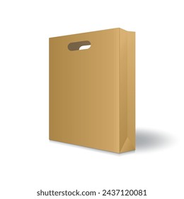 Blank brown kraft paper shopping bag or gift bag with punch hole handles mockup template. Isolated on white background with shadow. Ready to use for branding design. Realistic vector illustration.