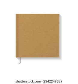 Blank brown kraft paper square book, notebook or magazine white ribbon bookmark top view mockup template. Isolated on white background. Ready to use for your business. Realistic vector illustration.