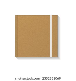 Blank brown kraft paper square book, notebook or magazine white elastic top view mockup template. Isolated on white background. Ready to use for your business. Realistic vector illustration.