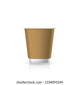 Blank brown kraft paper-plastic coffee-tea cup white bottom in small size mockup template. Isolated on white background with reflection shadow. Ready to use for brand design. Vector illustration.