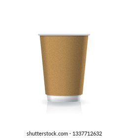 Blank brown kraft paper-plastic coffee-tea cup white bottom in medium size mockup template. Isolated on white background with reflection shadow. Ready to use for brand design. Vector illustration.