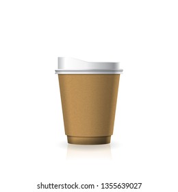 Blank brown kraft paper-plastic coffee-tea cup with white lid in small size mockup template. Isolated on white background with shadow. Ready to use for brand design. Vector illustration.