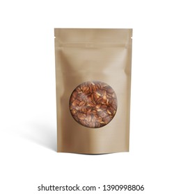 Blank Brown Paper Bag With Coffee Beans In Transparent Window. EPS10 Vector