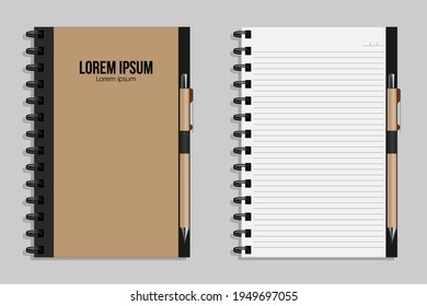 Blank brown paper notebook with pencil mockup template. Isolated on gray background with shadow. Vector illustration design.