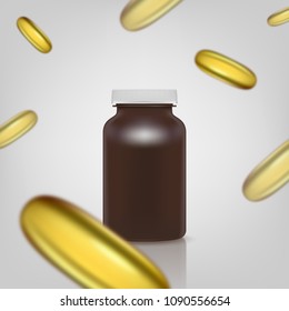 Blank brown pills container without label with falling pills. Vector illustration