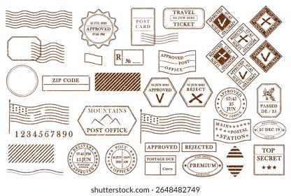 Blank brown postage rubber stamp. Mockup office stamp Clean post postmark template Vintage style sticker collection, travel destination mail, tourism, mountain, summer, sun theme. Vector illustration