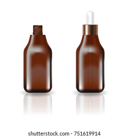 Blank brown square cosmetic bottle with white dropper lid for beauty or healthy product. Isolated on white background with reflection shadow. Ready to use for package design. Vector illustration.