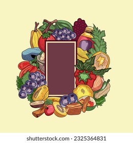 Blank Brown Vertical Banner or Board Surrounding Vegetables and Fruit and Space for Your Message.