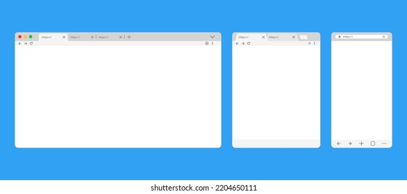 Blank Browser Template For Screens Of Popular Devices Laptop, Tablet, Phone. Web Browser Window With Toolbar And Tabs. Vector Illustration Flat Design. 
