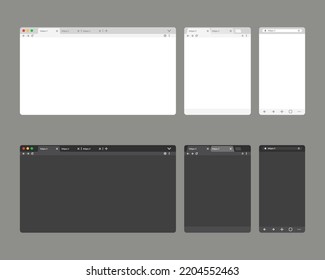 Blank browser templates for screens of popular devices laptop, tablet, phone in light and dark mode. Web browser window with toolbar and tabs. Vector illustration flat design.